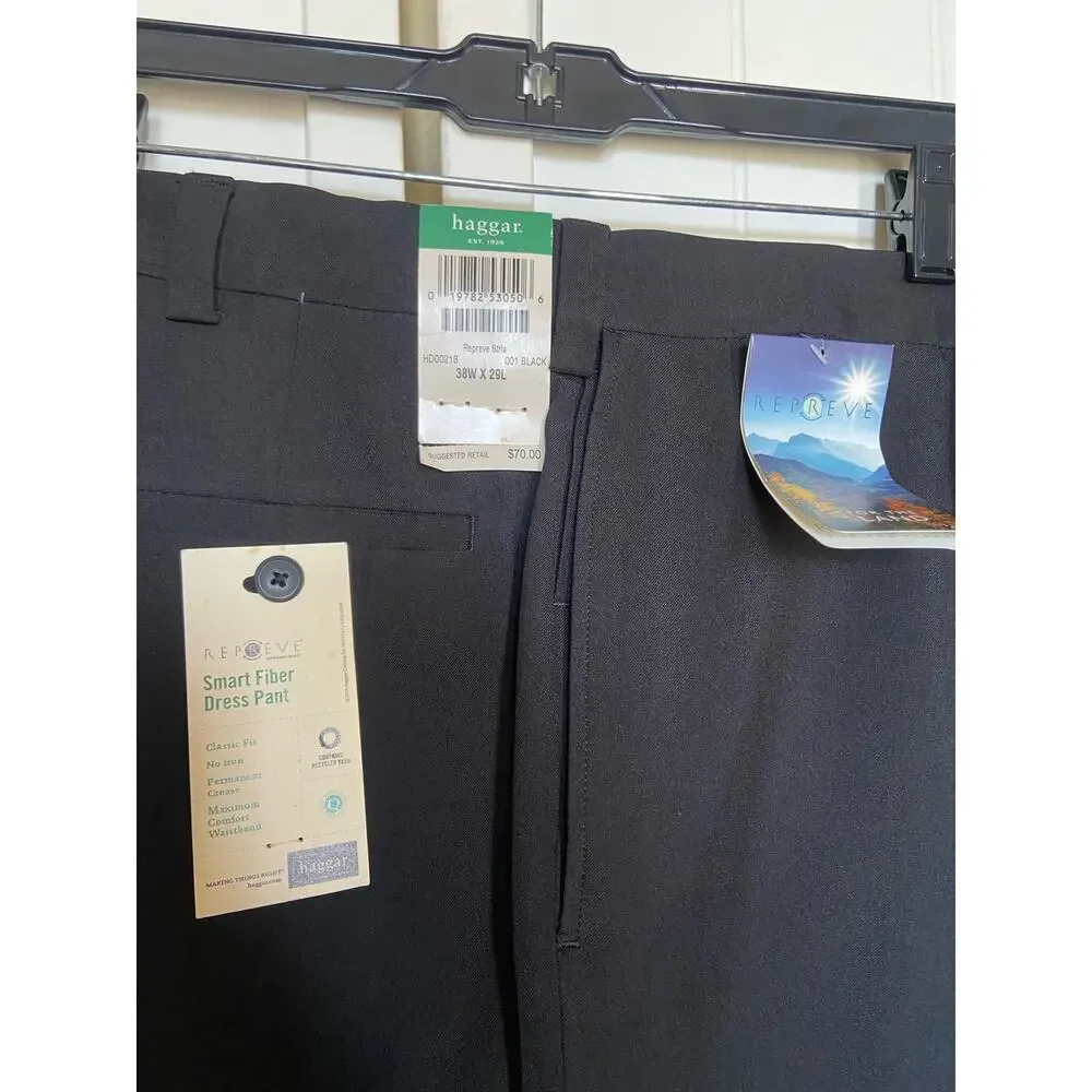 Haggar Mens Pants Sz 38 x 29‎ Repreve Stria Black Dress Smart Fiber Classic NEW